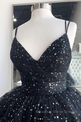 Bling Bling V Neck High Low Black Long Semi Formal Prom Dresses, Fluffy Black Formal Evening Dresses, Ball Gown